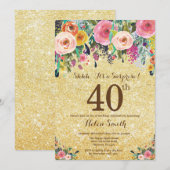 Gold Glitter Floral Surprise 40th Birthday Kaart (Voorkant / Achterkant)