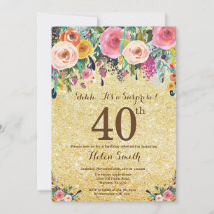 Gold Glitter Floral Surprise 40th Birthday Kaart