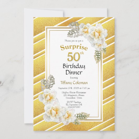 Gold Glitter Floral Surprise 50th Birthday Dinner Kaart (Voorkant)