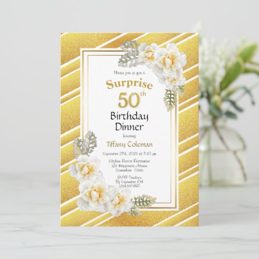 Gold Glitter Floral Surprise 50th Birthday Dinner Kaart (Staand voorkant)