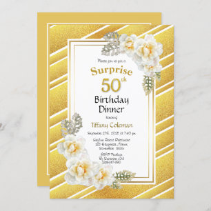 Gold Glitter Floral Surprise 50th Birthday Dinner Kaart