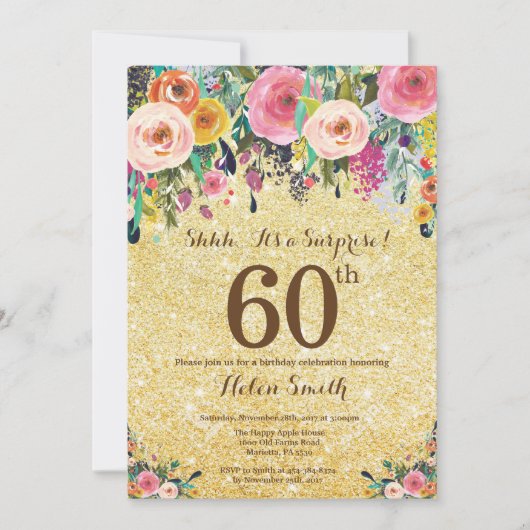 Gold Glitter Floral Surprise 60th Birthday Kaart (Voorkant)