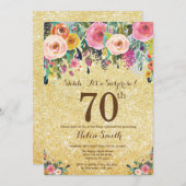 Gold Glitter Floral Surprise 70th Birthday Kaart (Voorkant / Achterkant)