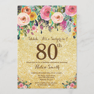 Gold Glitter Floral Surprise 80th Birthday Kaart