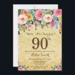 Gold Glitter Floral Surprise 90th Birthday Kaart<br><div class="desc">Gold Glitter Floral Surprise 90th Birthday Invitation for Women. Waterverf Floral Flower. Gold Glitter Background Roze, geel, Oranje, Paars ventilator. Volwassen verjaardag. 13e 15e 16e 18e 21e 30e 40e 50e 60e 70e 90e 100e, Alle leeftijden. Voor verdere aanpassing, te klikken gelieve de knoop "van de Aanpassing het"en ons ontwerphulpmiddel te...</div>