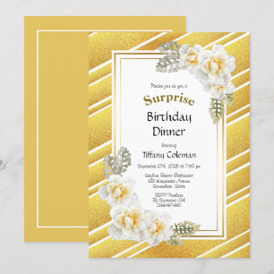 Gold Glitter Floral Surprise Birthday Dinner Kaart