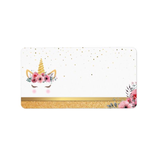 Gold Glitter | Floral Unicorn Horn Birthday Baby Etiket (Voorkant)