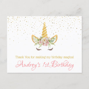 Gold Glitter   Floral Unicorn Horn Birthday Baby Feestdagenkaart
