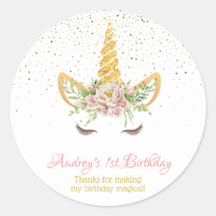 Gold Glitter   Floral Unicorn Horn Birthday Baby Ronde Sticker
