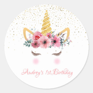 Gold Glitter Floral Unicorn Horn Birthday Baby Ronde Sticker