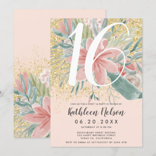 Gold Glitter floral waterverf blush sweet sixteen Kaart