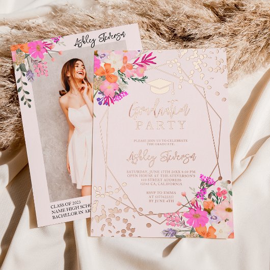 Gold glitter floral waterverf foto afstuderen folie uitnodiging