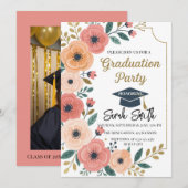 Gold glitter floral waterverf foto afstuderen kaart (Voorkant / Achterkant)