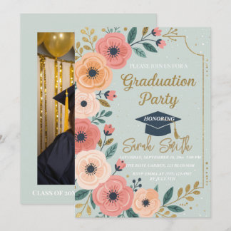 Gold glitter floral waterverf foto afstuderen kaart