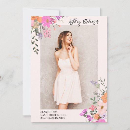 Gold glitter floral waterverf foto afstuderen kaart (Achterkant)