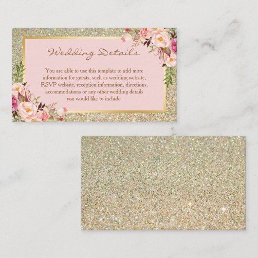 Gold Glitter Floral Wedding Details Kaart invoegen (Voorkant / Achterkant)