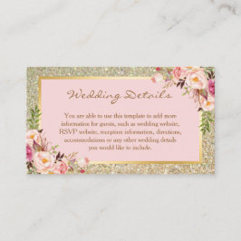 Gold Glitter Floral Wedding Details Kaart invoegen
