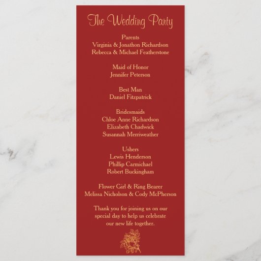 Gold Glitter Flowers and Dark Red Wedding Program Programmakaart (Achterkant)