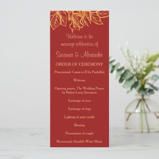 Gold Glitter Flowers and Dark Red Wedding Program Programmakaart (Staand voorkant)