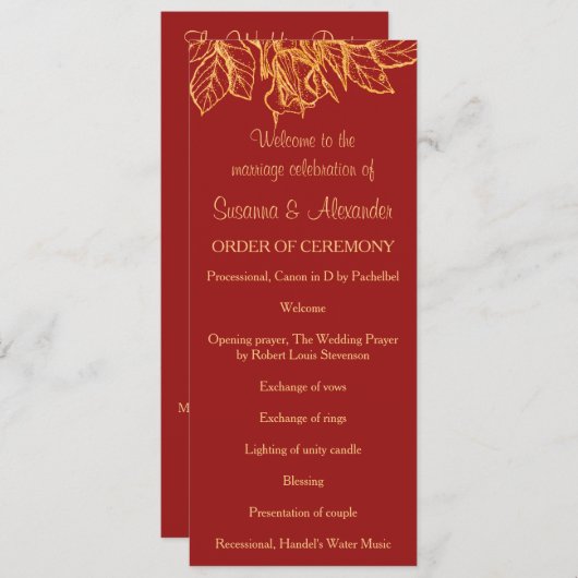 Gold Glitter Flowers and Dark Red Wedding Program Programmakaart (Voorkant / Achterkant)