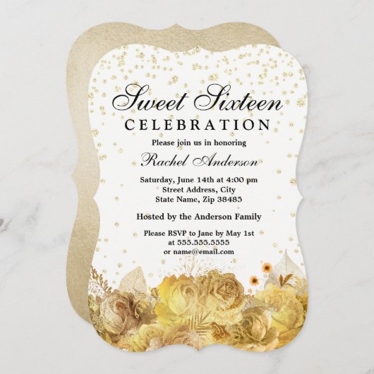 Gold Glitter Flowers Sweet 16 Invite Kaart (Voorkant / Achterkant)