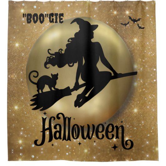Gold Glitter Flying Witch Bougie Douchegordijn (Voorkant)