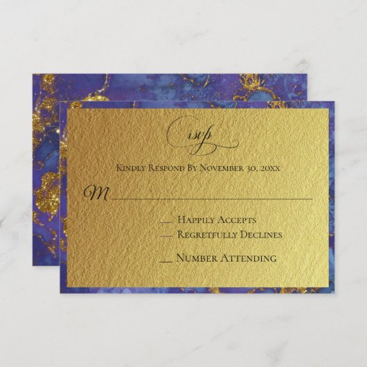 *~* Gold Glitter Folie Blauw Abstract - Huwelijk R RSVP Kaartje (Voorkant / Achterkant)