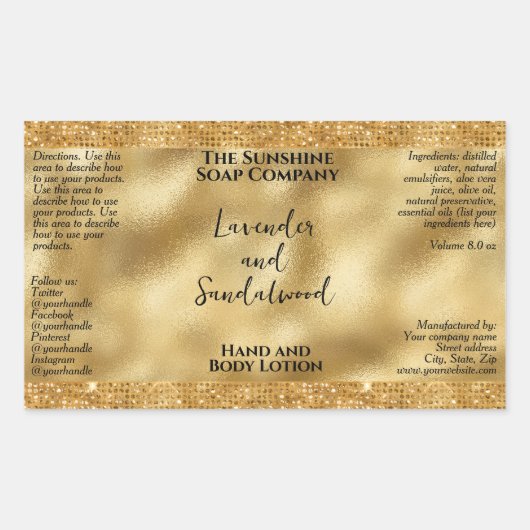 Gold Glitter & Folie Cosmetica Flesetiket Rechthoekige Sticker (Voorkant)
