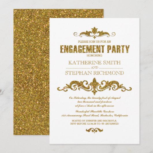 Gold Glitter folie Elegant verlovingsfeest Uitnodi Kaart (Voorkant / Achterkant)