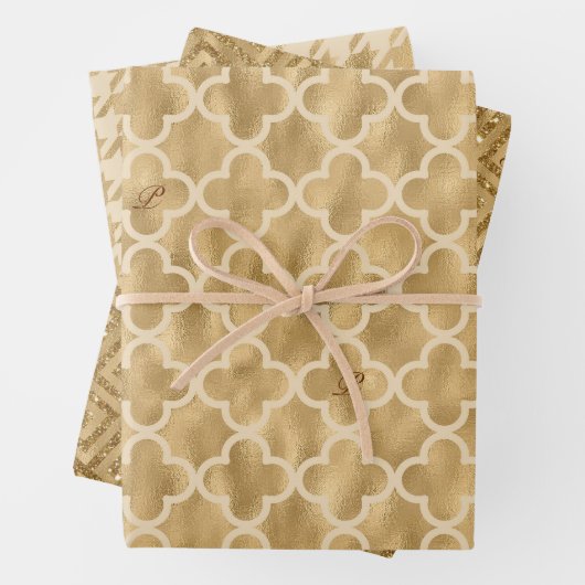 Gold Glitter Folie Pattern Monogramed Kerstmis Inpakpapier Vel (In situ)