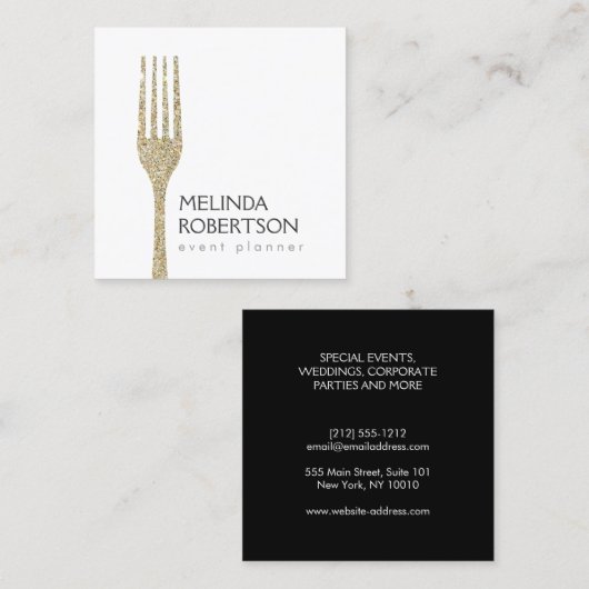 Gold Glitter Fork Event Planner Vierkante Visitekaartje (Voorkant / Achterkant)