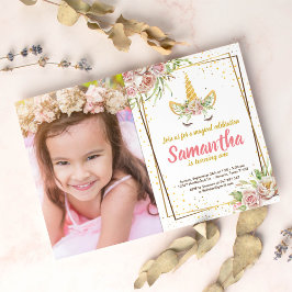 Gold Glitter | Foto Floral Unicorn Horn Birthday Kaart