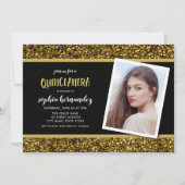 Gold Glitter Foto Quinceanera Uitnodiging (Voorkant)