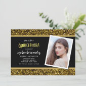 Gold Glitter Foto Quinceanera Uitnodiging (Staand voorkant)
