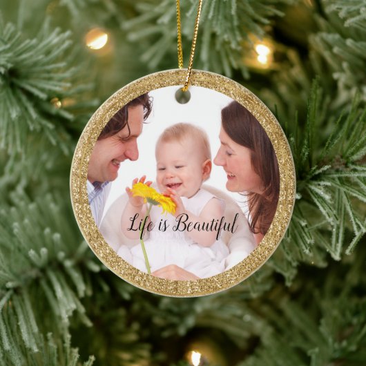 Gold Glitter Frame Personalized Photo and Quote Keramisch Ornament (Boom)