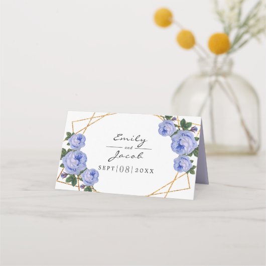 Gold Glitter Geo Blue Floral Wedding Couple vouwt Plaatskaartje (Achterkant)