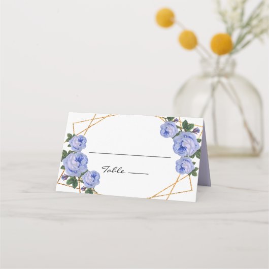 Gold Glitter Geo Blue Floral Wedding Couple vouwt Plaatskaartje (Voorkant)