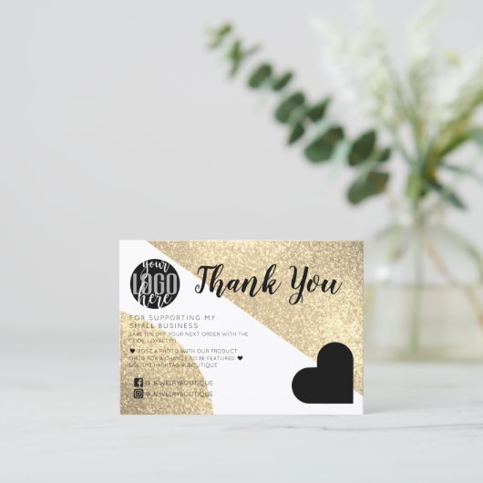 Gold Glitter Geo Heart Logo Customer Thank You Visitekaartje (Staand voorkant)