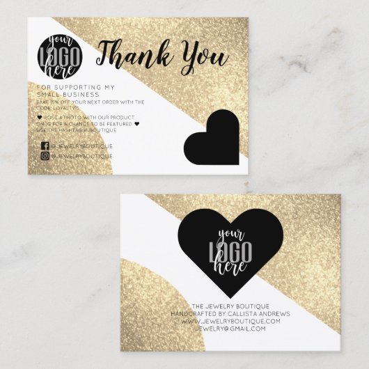 Gold Glitter Geo Heart Logo Customer Thank You Visitekaartje (Voorkant / Achterkant)