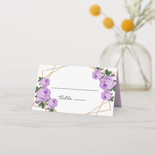 Gold Glitter Geo Paarse Floral Wedding Couple Fold Plaatskaartje (Voorkant)