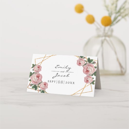 Gold Glitter Geo Pink Floral Wedding Couple Folded Plaatskaartje (Achterkant)