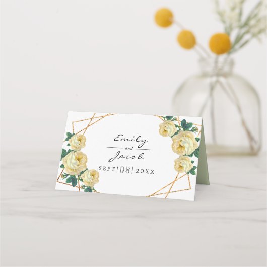 Gold Glitter Geo Yellow Floral Weddenschap Couple  Plaatskaartje (Achterkant)