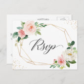 Gold Glitter Geometric Blush Floral Wedding RSVP Uitnodiging Briefkaart (Voorkant / Achterkant)