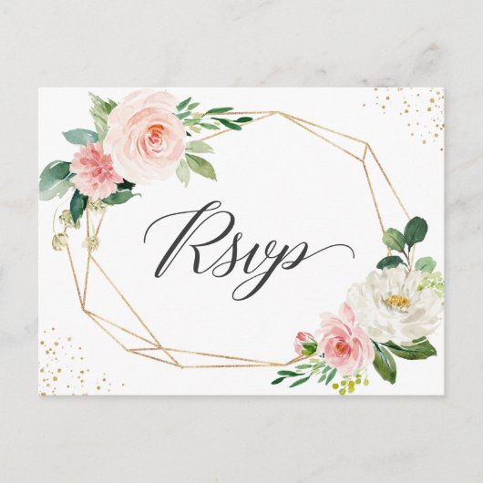 Gold Glitter Geometric Blush Floral Wedding RSVP Uitnodiging Briefkaart (Voorkant)