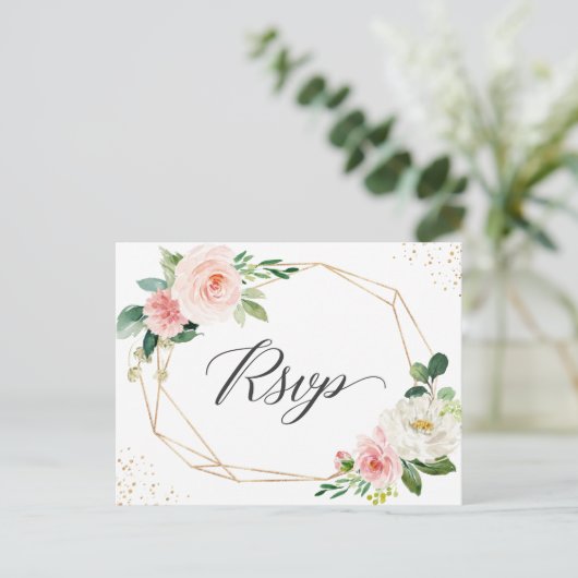 Gold Glitter Geometric Blush Floral Wedding RSVP Uitnodiging Briefkaart (Staand voorkant)