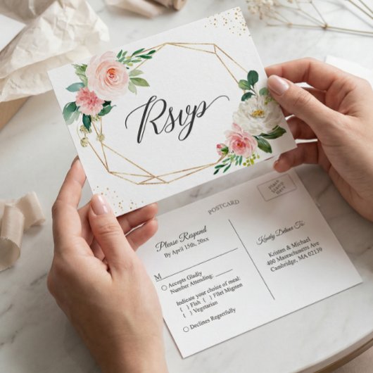 Gold Glitter Geometric Blush Floral Wedding RSVP Uitnodiging Briefkaart