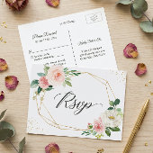 Gold Glitter Geometric Blush Floral Wedding RSVP Uitnodiging Briefkaart
