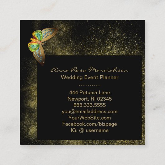 *~* Gold Glitter Gilded Butterfly Girly Chic Black Vierkante Visitekaartje (Achterkant)