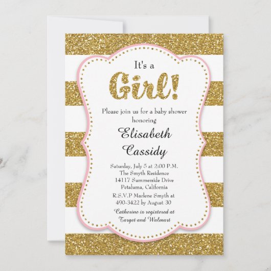 Gold Glitter Girl Baby shower Invitation Kaart (Voorkant)