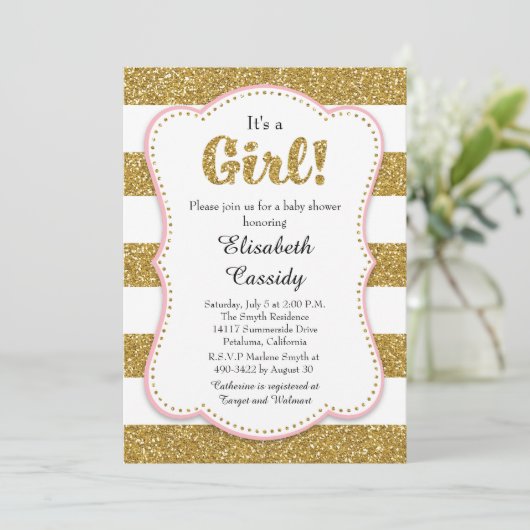 Gold Glitter Girl Baby shower Invitation Kaart (Staand voorkant)